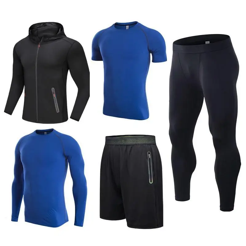 Custom Sportswear Compression Set Polyester Quick Dry Elastic 5pcs Workout Clothing Fitness Apparel Men Gym Wear