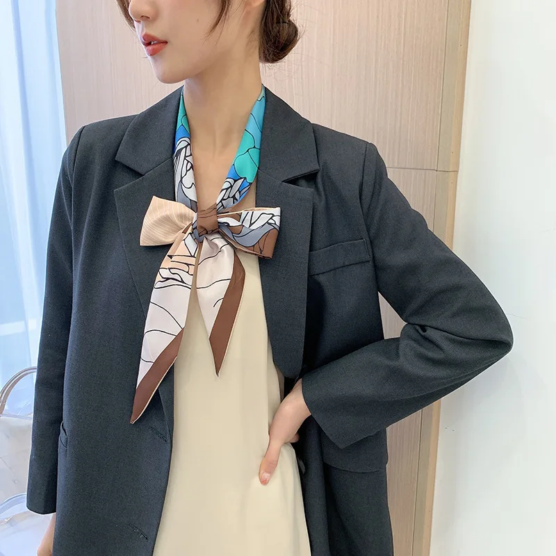 Colorful Floral Print Twill Scarf Handbag Handle Wrap Ornament Bag Twill Satin Hair Silk Scarves