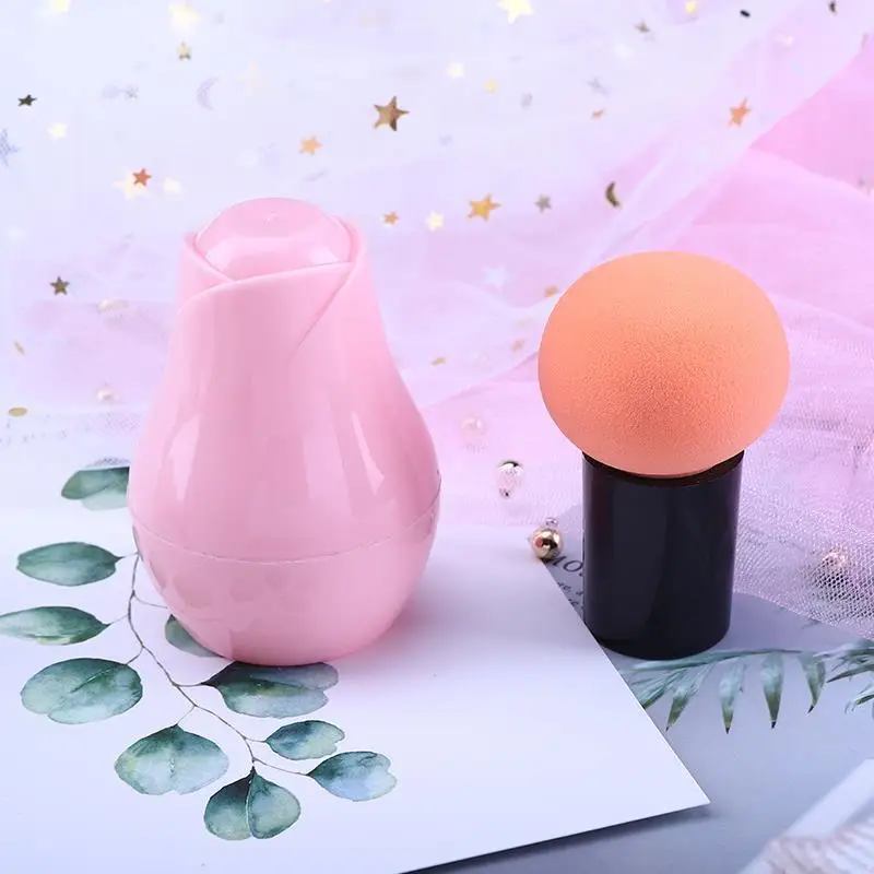 
Private Label Round Mushroom Head Makeup Cosmetic Sponge Long Handle Powder Puff With Plastic Cover 