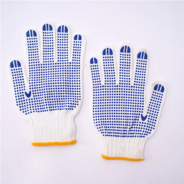 600G 10-pin cotton gloves, bleached yarn yellow and blue dot bead gloves, slip-resistant latex gloves