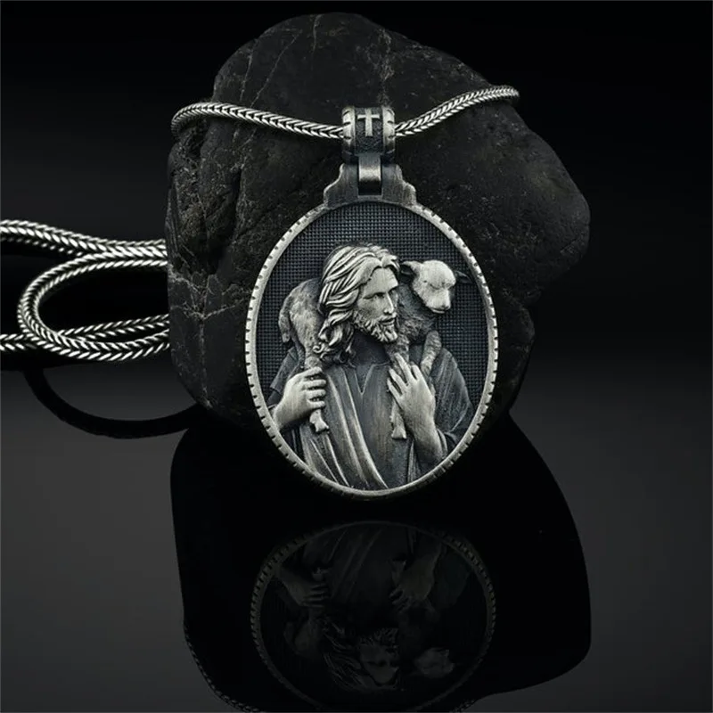 Punk Jesus Shepherd Lamb Goat Pendant Necklaces Catholicism Christian Religion Unisex Jewelry