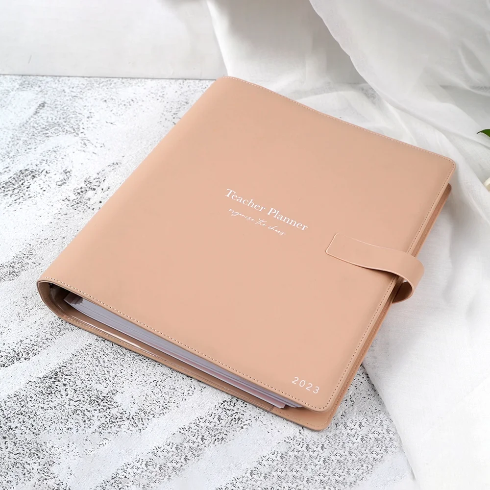 2023 New Custom Full Color Printing 6 Ring PU Leather Binder A4 Teacher Planner Notebook Gift Set