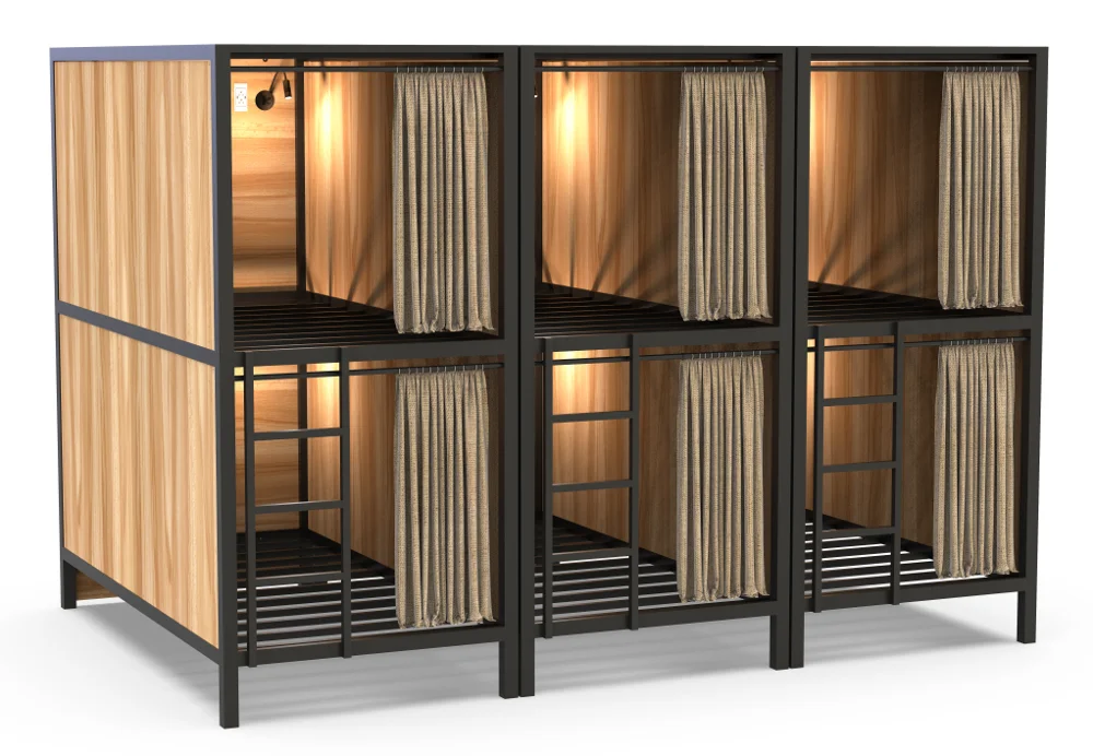 Коммерческая двухъярусная кровать из нержавеющей стали королевского размера с настольным столом, шкафом, книжной полкой и лестницей для отеля