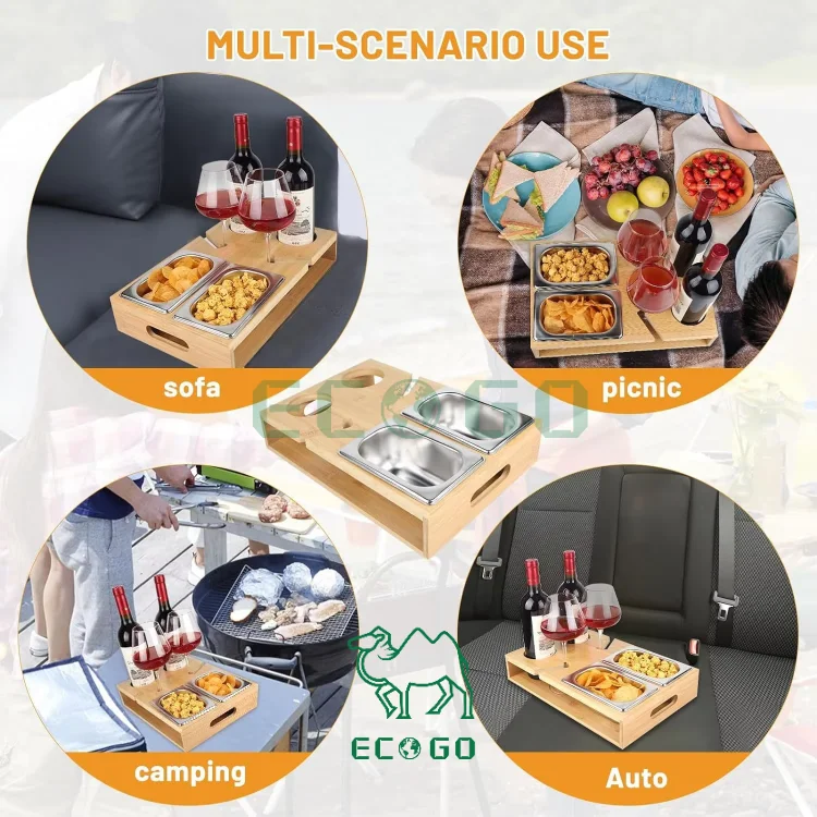 Bamboo Couch Snack Caddy With 2 Wine Glass Holder Couch Bar Snack Box for Sofa Bed Food Box Snack Couch Tray Kit