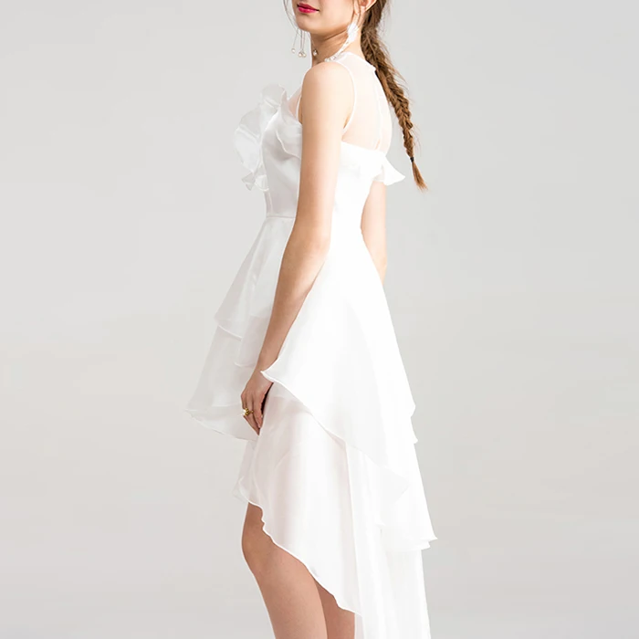 Elegant White Layered Mesh Ruffles Ladies Evening Midi Dress