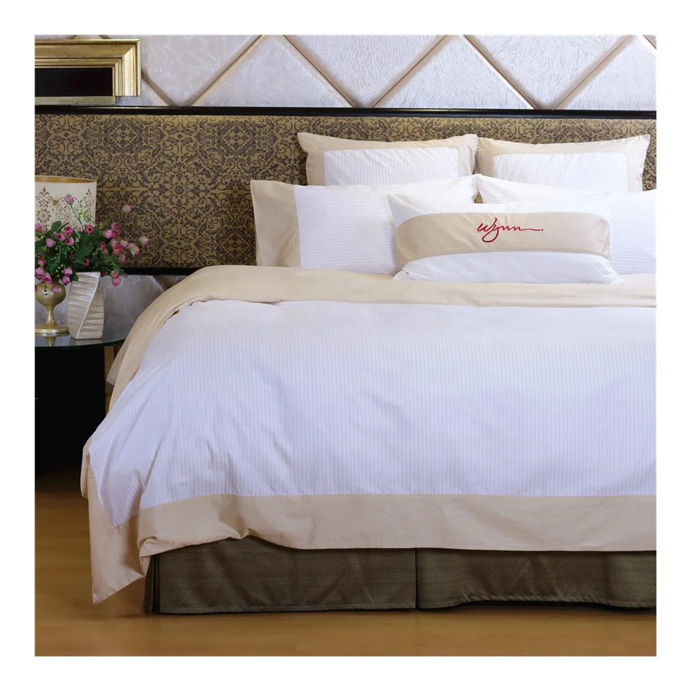 Hotel Bed Linen Embroidered Logo 300T Striped Bedcover Duvet Cover White Bedsheets 100% Cotton Double Bedsheet