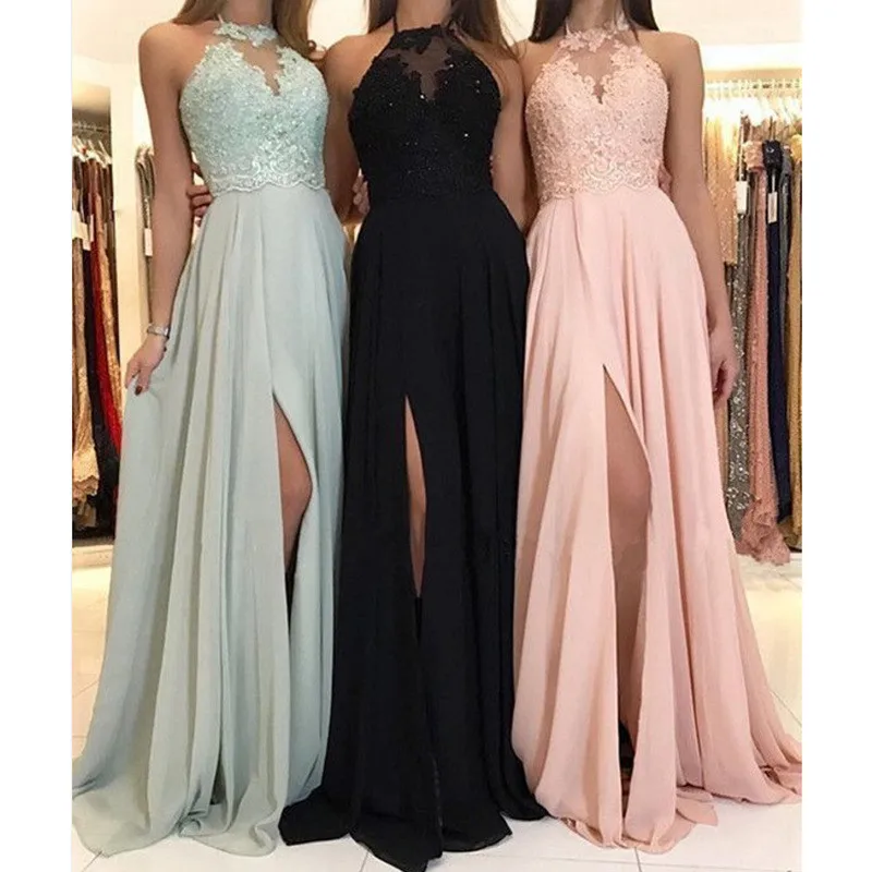 High Quality Elegant Maxi Halter Neck Bridesmaid Long Embroidered Slit Lace Chiffon Prom Evening Party Wedding Dresses
