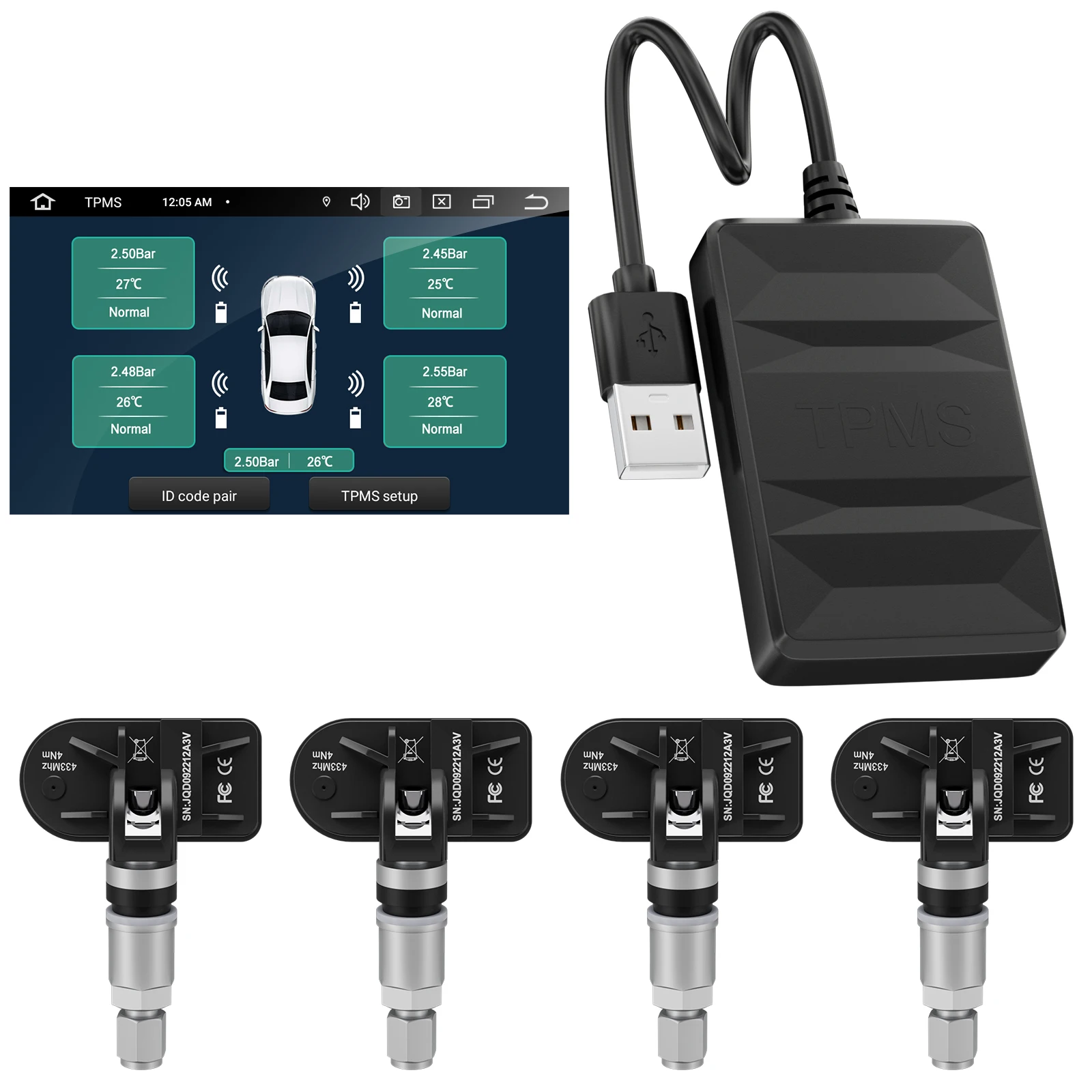 0-8 bar 0-116 psi external type TPMS tire pressure monitor for Android GPS Navigation USB TPMS sensor built in Panasonic battery