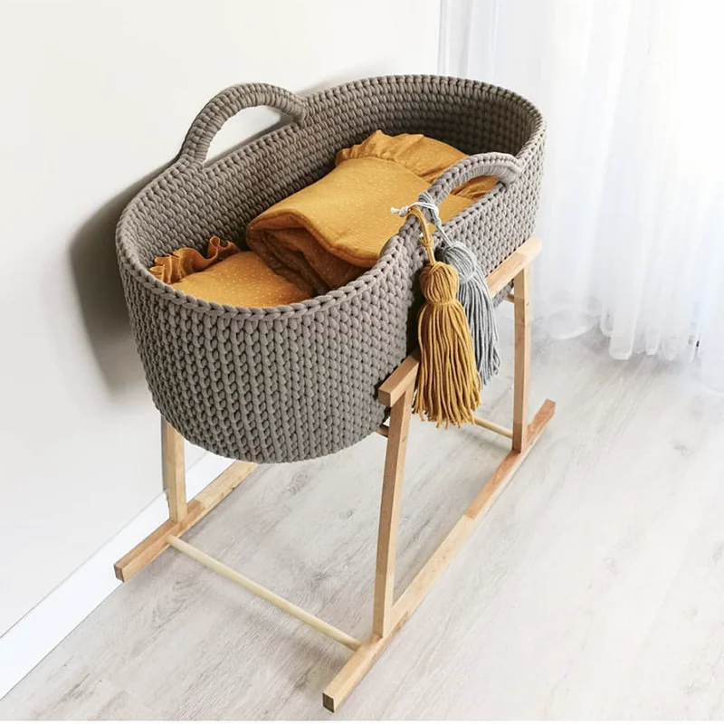 Nuohui Foldable crochet baby changing basket Handle for Newborn Nursery Moses Baskets Diaper Changing With Mattress