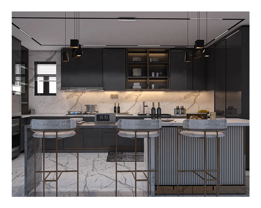 Customized Modern Design Smart Kitchen Automatic Electric Door Kitchen Cabinets with Lifting Island