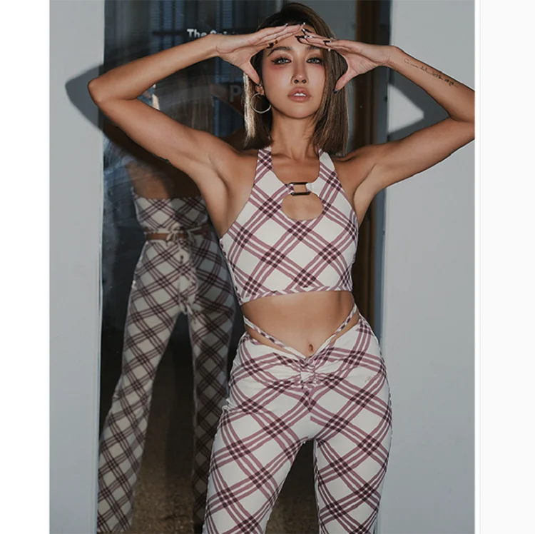 Plaid stripe Gym Wear Set Plaid Styles Yoga Set Advanced Color Outdoor Fitness Workout Sets For Women
