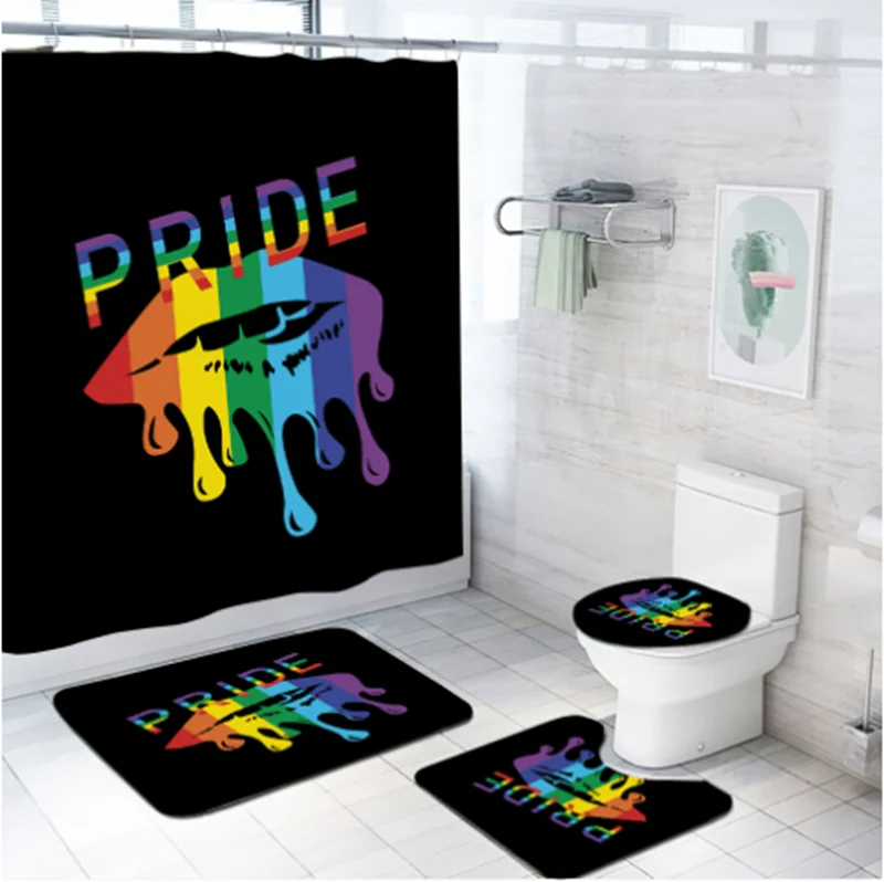 Amazon Hot Selling Four Pieces Polyester Sexy Lips Shower Curtain Set With Floor Mats For Bathroom