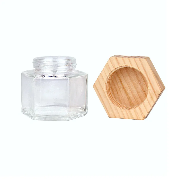 Hexagon honey glass bottle, wooden lid, bamboo lid glass bottle sealed can with transparent honey bottle