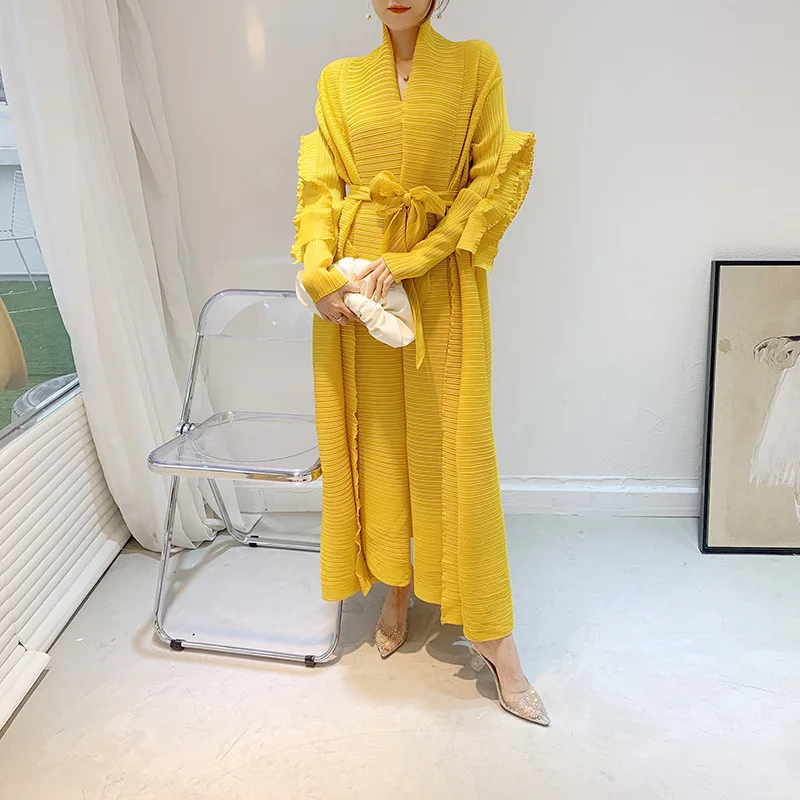 Женское плиссированное платье-макси, Элегантное Длинное свободное платье до щиколотки с оборками и длинным рукавом, 2021