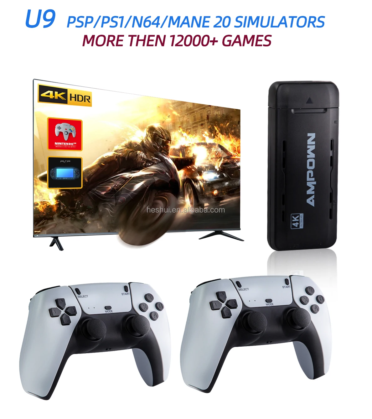 U9 Game Stick 64G 10000 Classic Video Game Console 2.4G Wireless Gamepad HD TV Mini Game Console  Stick 4K For PSP/N64/PSP