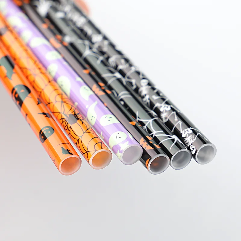 Reusable pp hard plastic Halloween printing straw,  Eco-friendly printed Halloween straws with ghost & spider designs