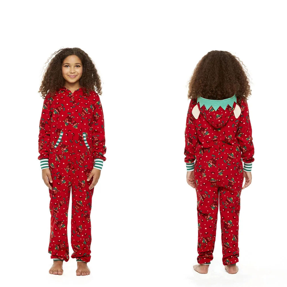 Kids Wear Family Clothes Matching Christmas Pajamas Romper Jumpsuit Red Print Xmas Sleepwear Nightwear Hooded Zipper Outfits