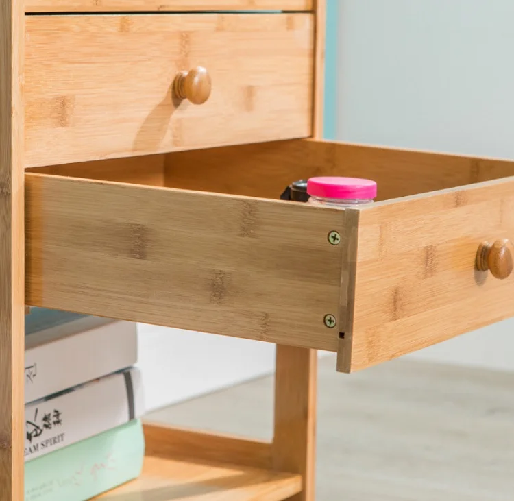 Ночной столик из бамбука для спальни с нижней полкой и ящиками