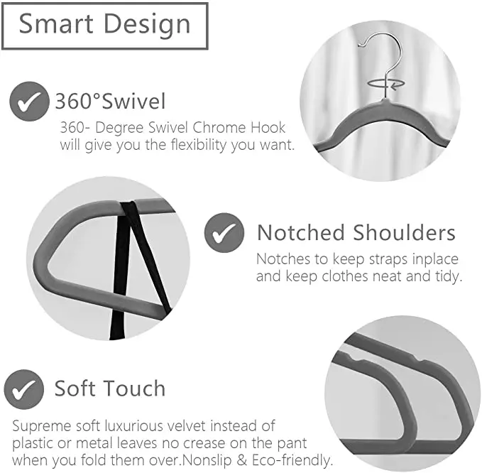Small MOQ Space Saving Velvet Hanger 360 Degree Chrome Hook Ultra Thin Non Slip