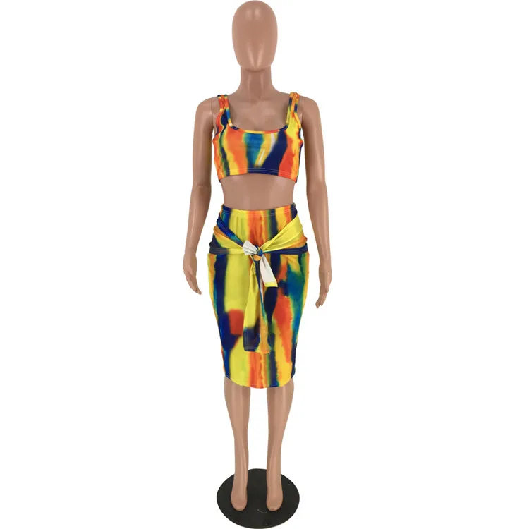 
F8241-inexpensive women casual tie dye vest and skirt two piece set outfit 