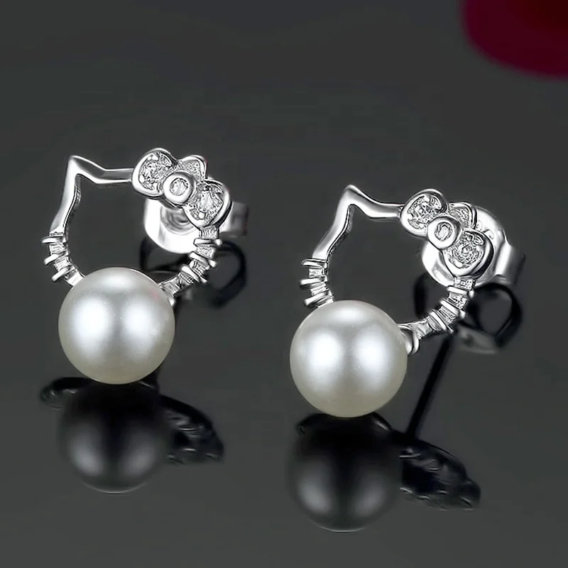 Cute Natural Pearl Hello Kitty Cat Stud Earring Jewelry Silver Plated 18K White Gold Hello Kate Cat Earrings for Baby Girl