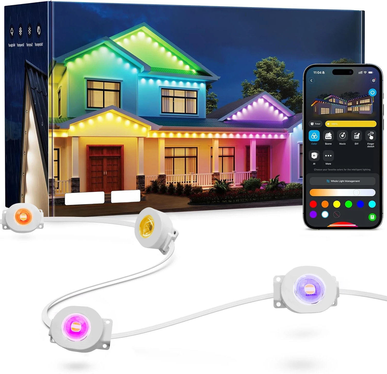 Permanent Outdoor Lights 50ft 30Leds RGBIC LED Lights IP67 Waterproof LED Eaves Lights APP Remote Modes for Christmas