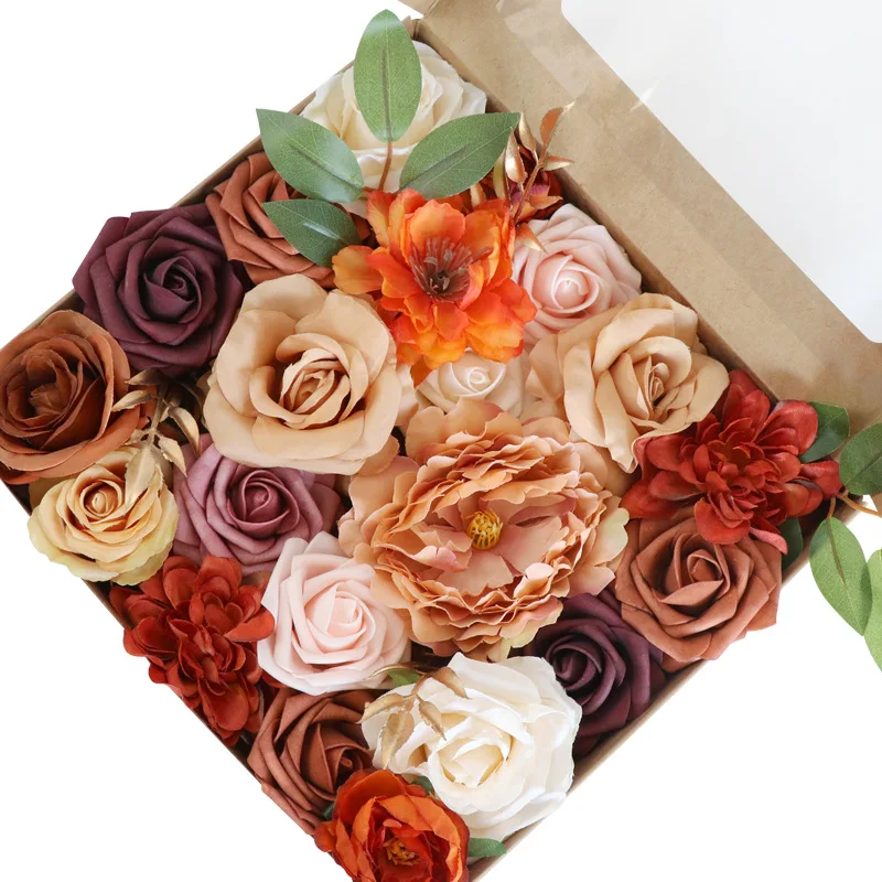 HH077 Creative New Handmade Diy Birthday Wedding Gift Home Decoration Bouquet Caramel Artificial Rose Peony Box Flower