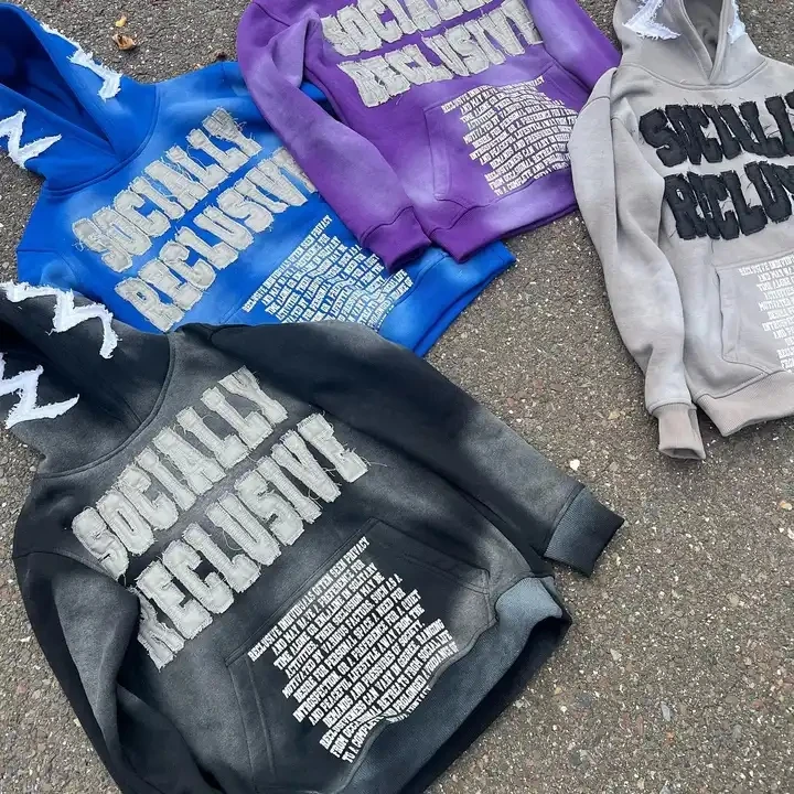 Custom Cotton Heavyweight Distressed Cropped Hoodie Patch Cut And Sew Streetwear Acid Washed Sun Fade Vintage Wash Hoodie