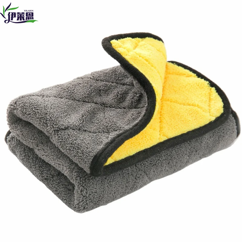 Microfiber diamond lattice towel yellow grey super absorbent coral fleece car towel 40*40 detailing car wash towel