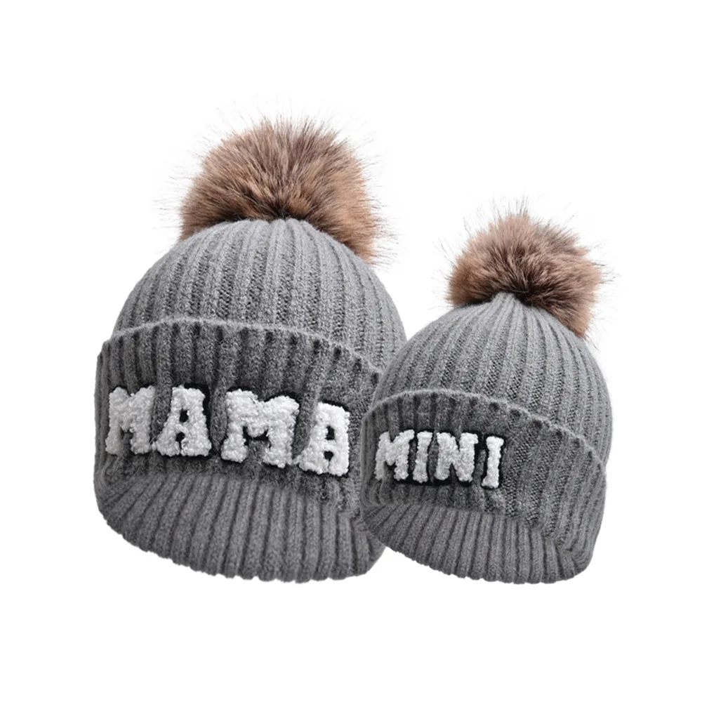Autumn Winter Children Pompom Caps Mother Baby Hat Mama Mini Knit Hats