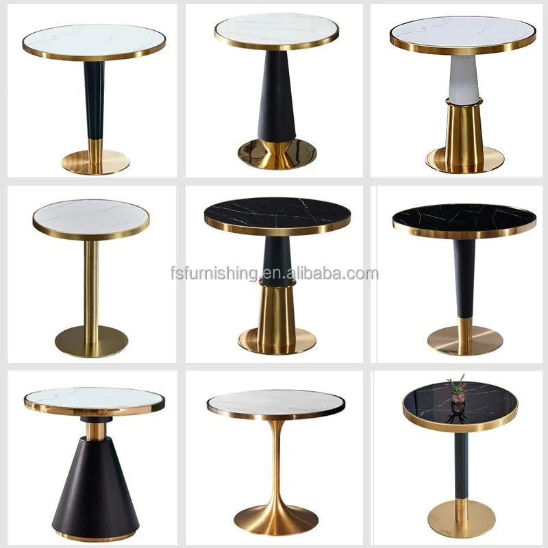 luxury high end Restaurant Bistro Tables gold stainless steel marble stone top Round Dining meeting coffee Table