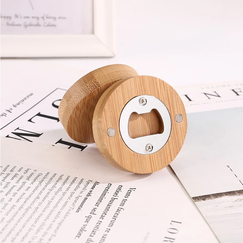 Custom logo eco friendly nature bamboo bottle opener bar tools round bamboo bottle opener magnet
