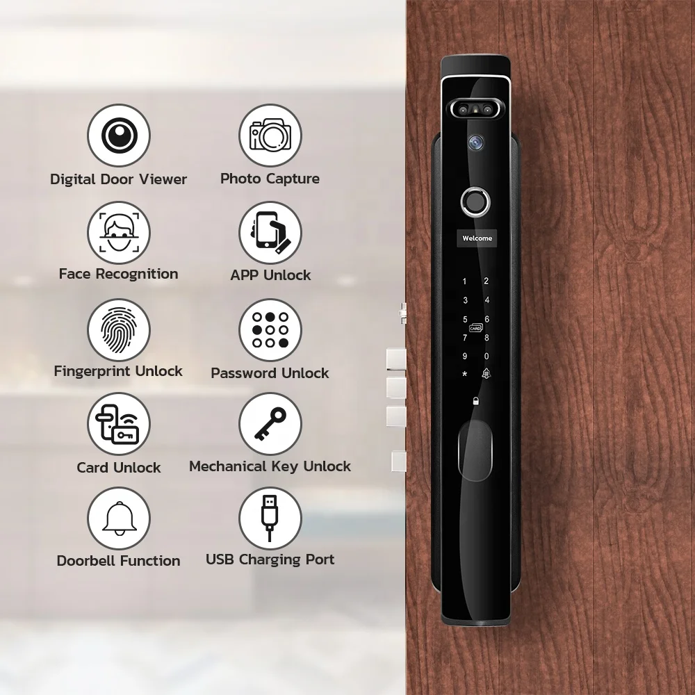 Security Smart Door Lock Cam Electric Deadbolt Peephole Camera Biometric Fingerprint Keyless Lock