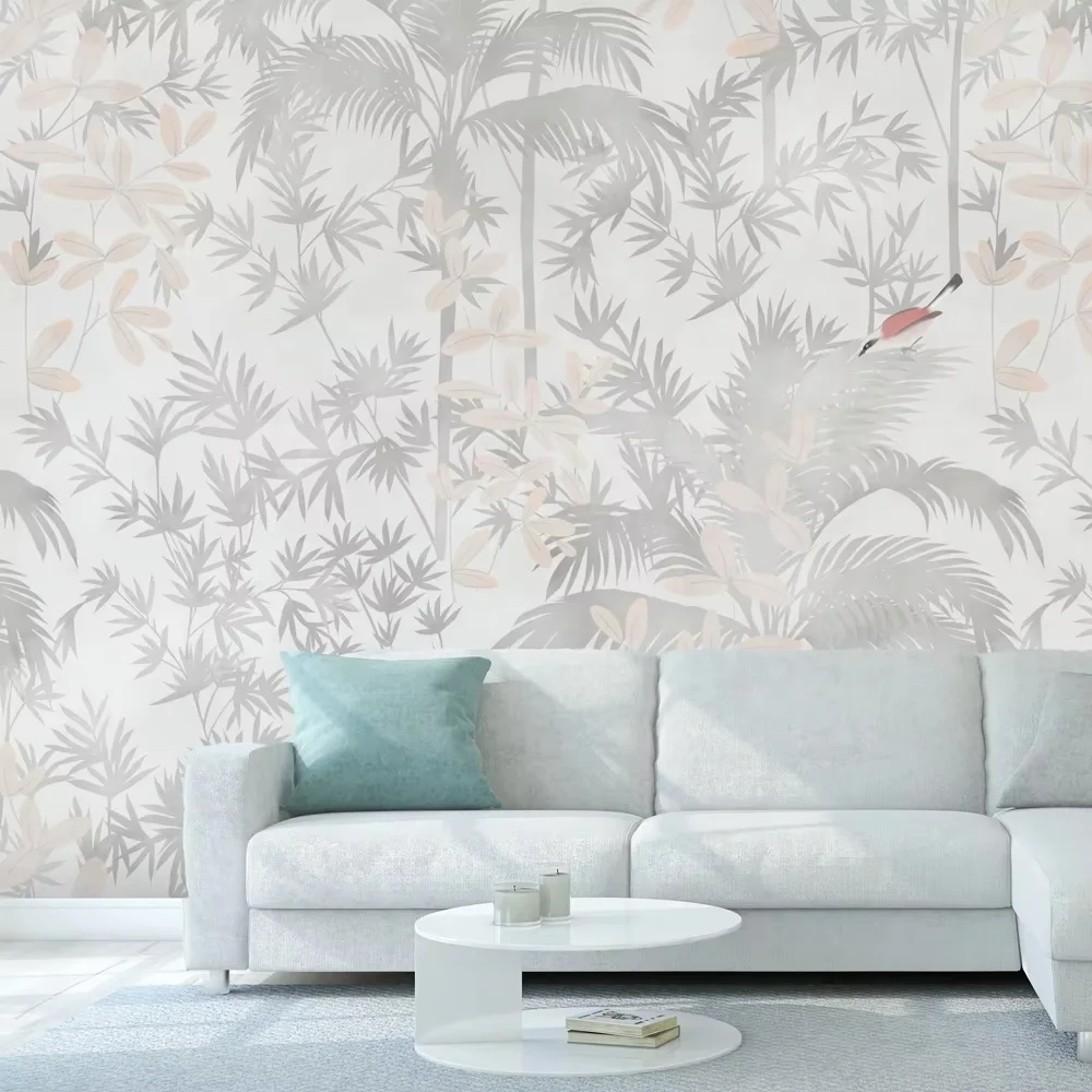Popular Wholesale leaf and bird refreshing silver gentle wall arts bedroom wallpaper decoration murale papier peint mural