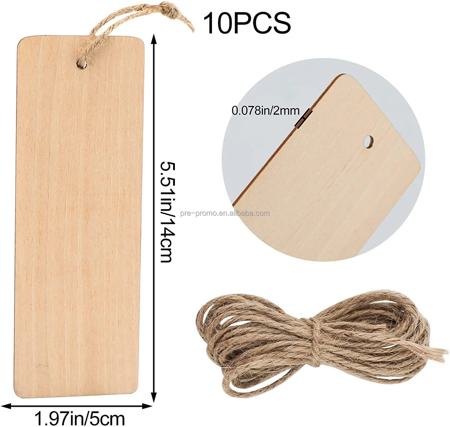 Wholesale custom DIY rectangular christmas craft wood paper clip bookmark with string (10pcs)
