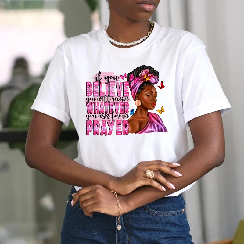 Wholesale Ready to Press Afro Woman Puff Heat Vinyl Transfer Iron on Bun Faith Religion Prayer Christian DTF Transfers