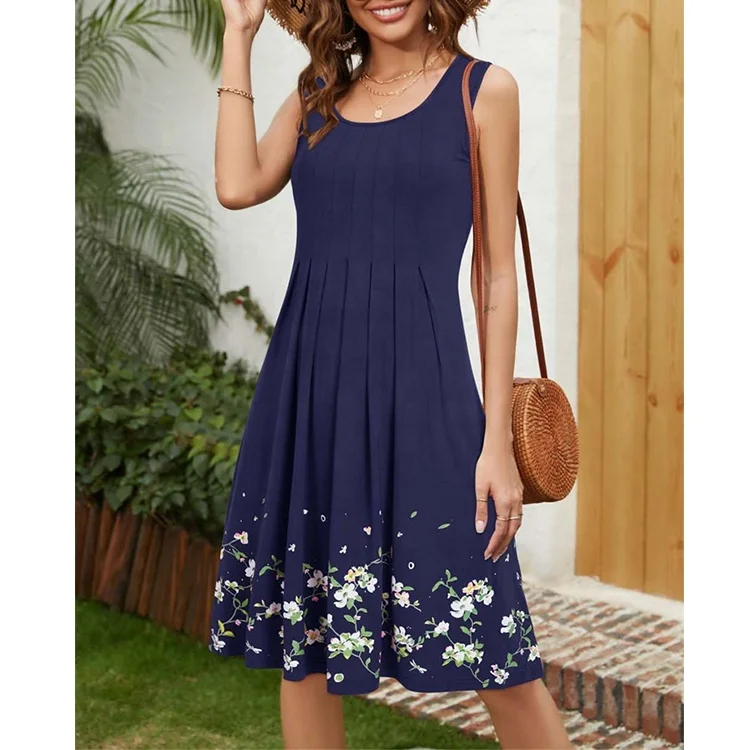 Womens Summer High Waisted Dresses Floral Print Casual Soft Pleated Sleeveless Crewneck Tank Sundress Midi For Boho Beach