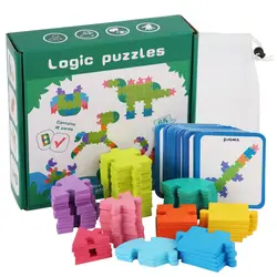 Wooden Pattern Blocks Shape Matching Game Diy Jigsaw Puzzle 3d Wooden Animal Puzzle With Cards Educational Toys For Children