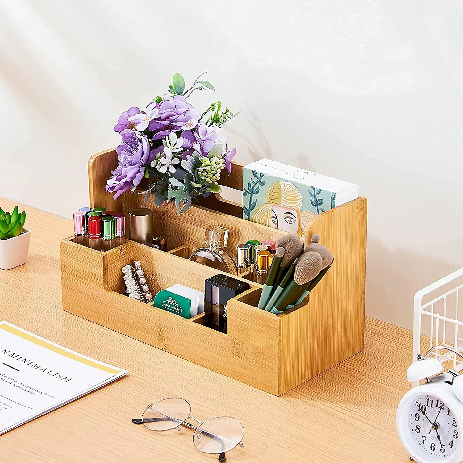 Bamboo Desk Organizer All-in-One Office Desk File Organizer With Pen Holder, 9 Compartment Organizer