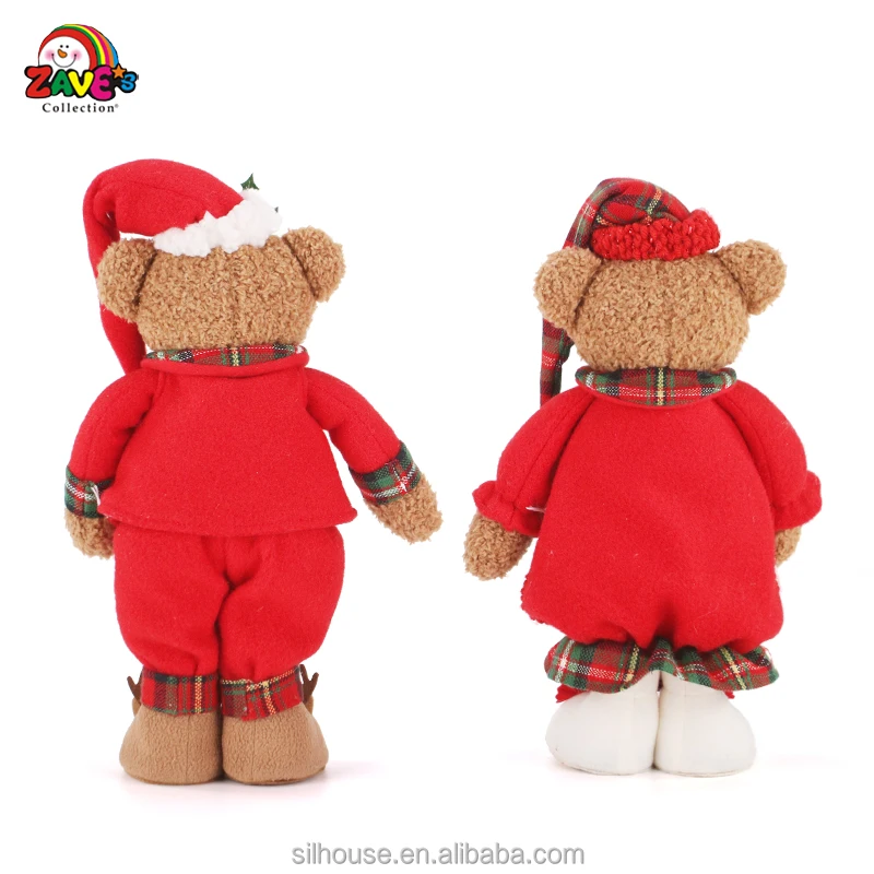 13-In Teddy Bear Pair in Plaid Pajama Cute Soft Standing Ornament for Christmas Home Decor