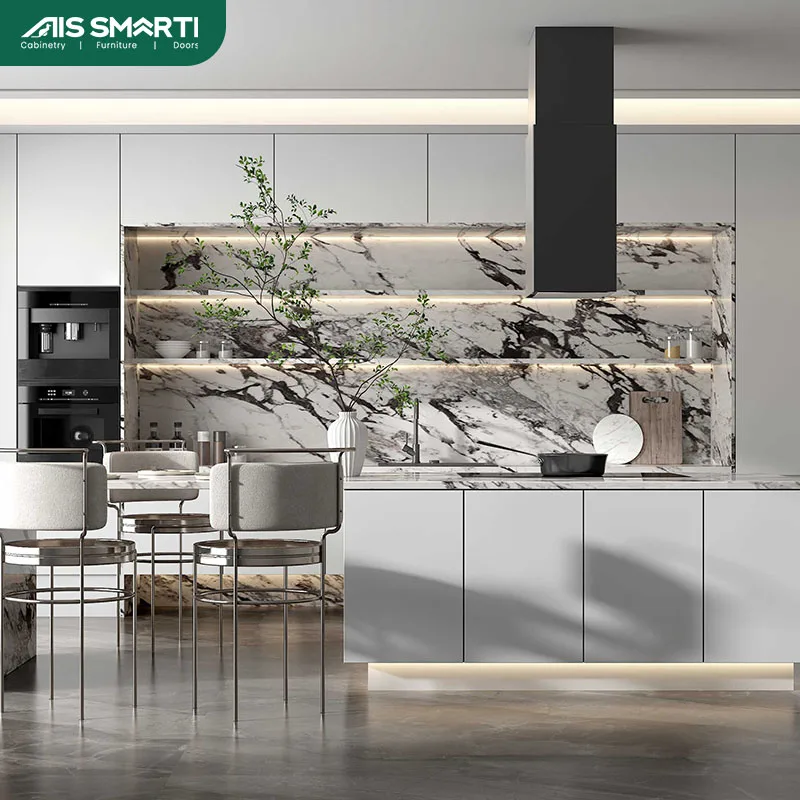Modern High Quality Silver Kitchen Cabinet Set With White Pattern Marble Back Wall Wine Cabinet Stove Cabinet Set Design
