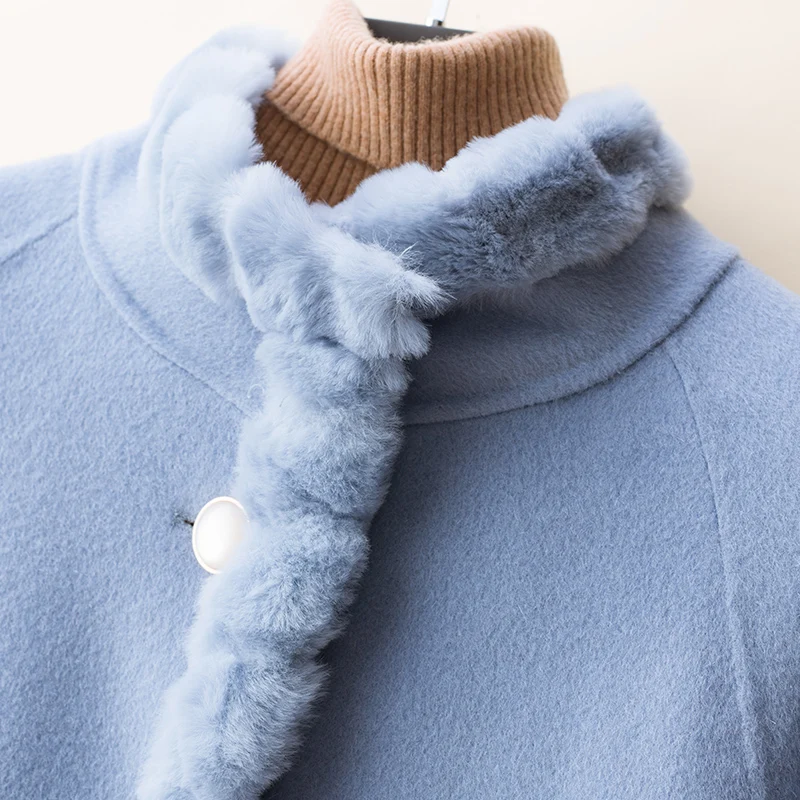 
2020 New Trendy Fashion Women Double Face Fur Neck Overcoat Long Thick Wool Ladies Coat 