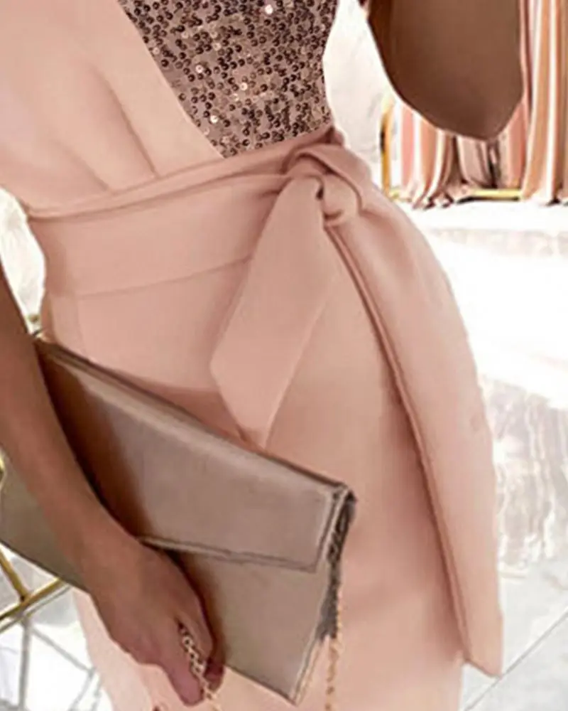 Pink One Shoulder Design Princess Sleeve Sequin Panel Slim Fit Slit Dress - Belted Evening Dress
