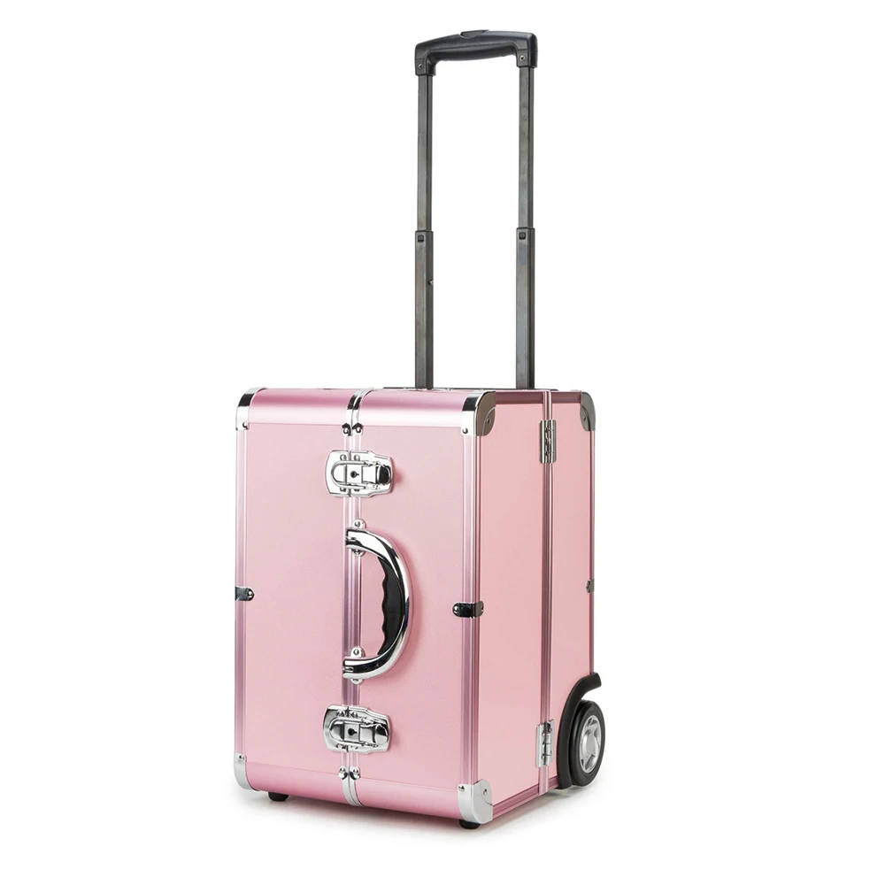 professional pink portable travel aluminum makeup trolley train case on wheels