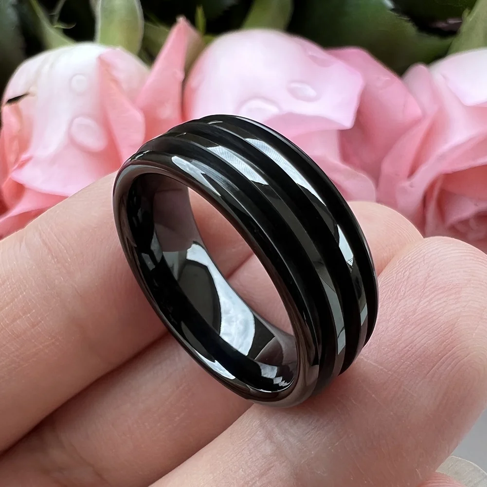 Coolstyle Jewelry 8mm Wholesale Black Tungsten Blank Core Ring for Customized Inlay with 1.1mm Treble Grooves Domed Comfort Fit