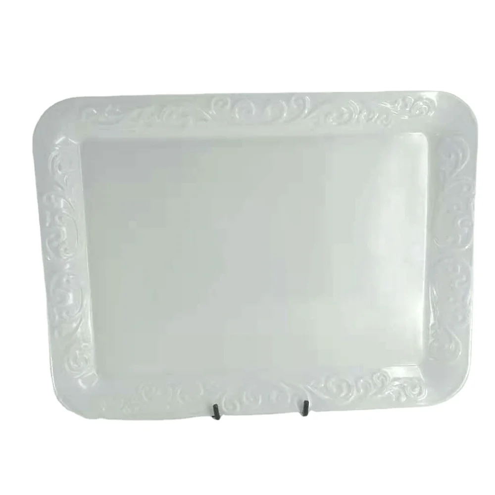 16 Inches White Plastic Display Rectangle Tray Dinnerware  Floral Decorative Melamine Serving Tray for Coffee Table Countertop