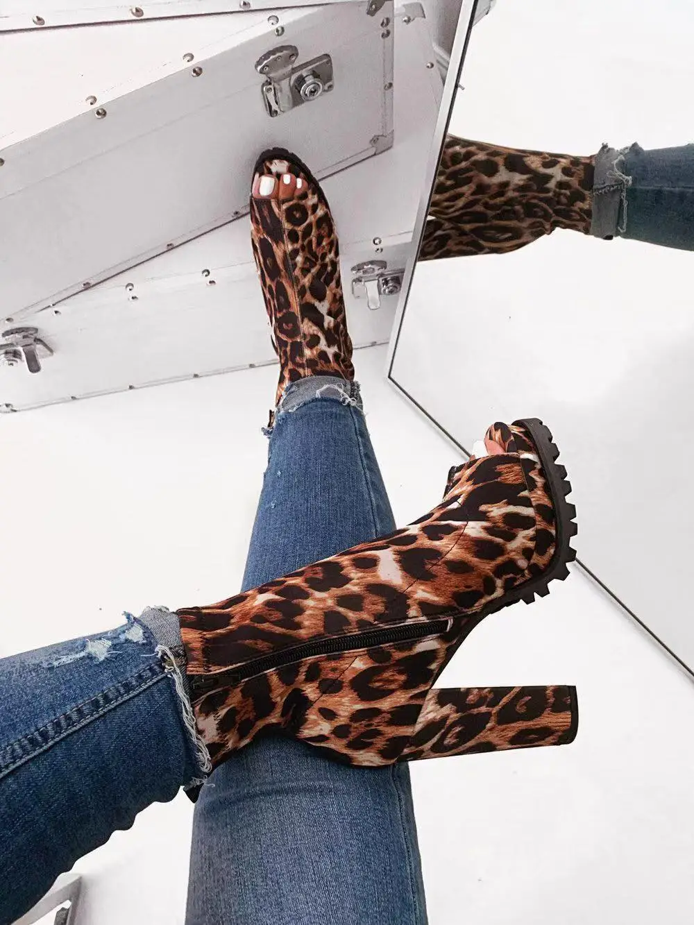 XZ-005 2019 fashion snake skin & leopard print open toe ankle boots high square heel boots wholesale women shoes