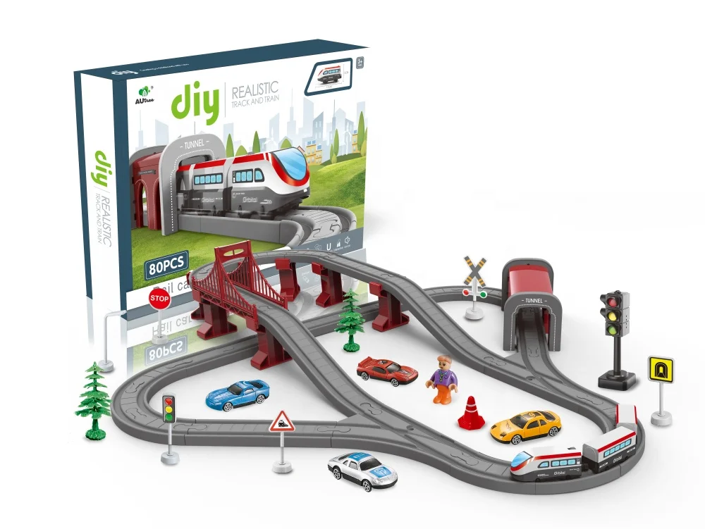 Hot Sale Modern Electric Train Track Electric Railway puzzle assembled track train set slot toys with alloy metal race cars