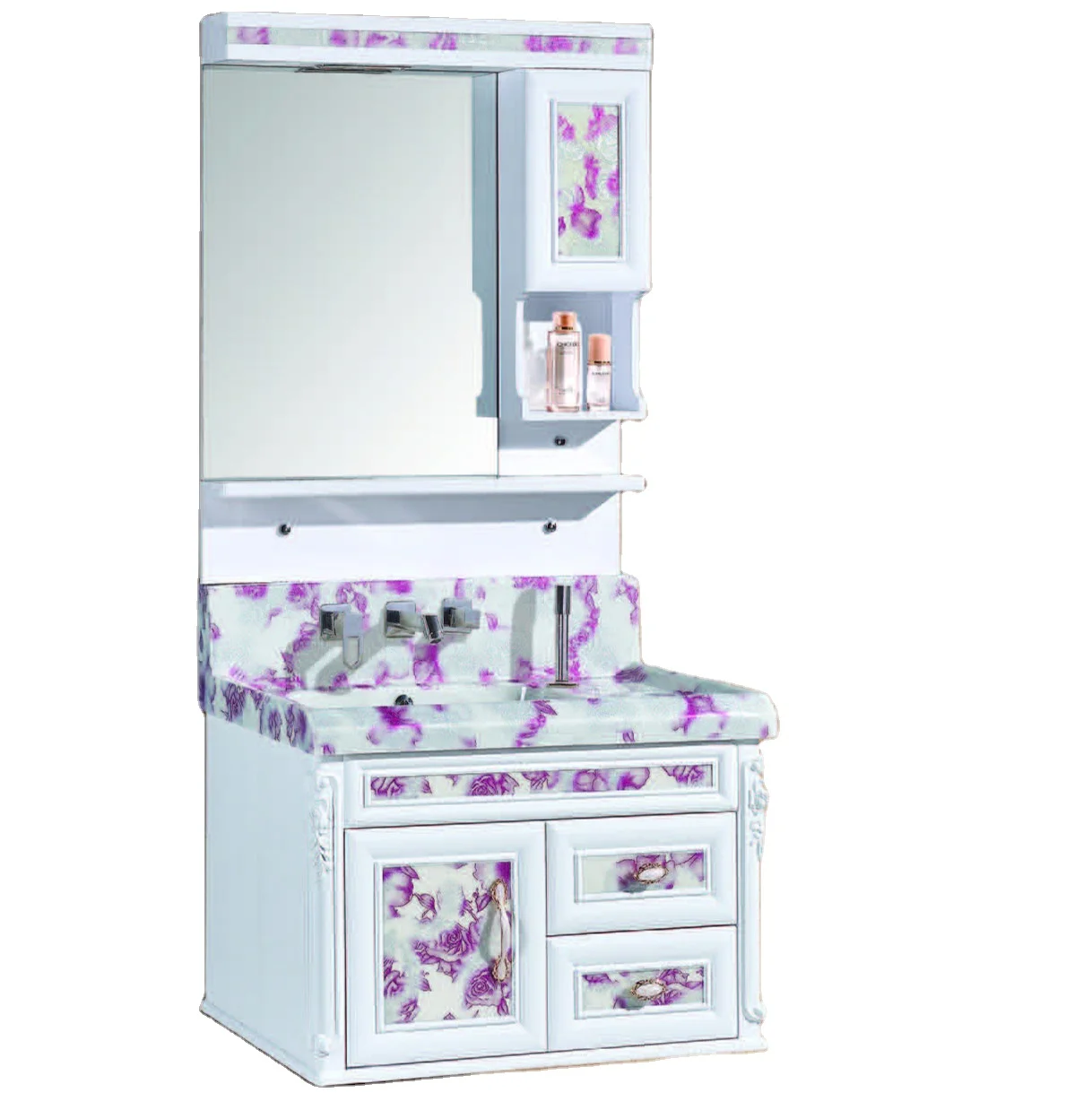 PVC White Bathroom Cabinet with Flowers Pattern