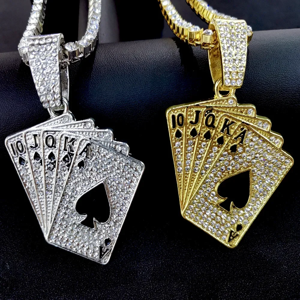 Hip hop Men Dunk Poker Pendant Chain Iced Out Rhinestone Cuban Game Charm Necklace Gold Plated Jewelry
